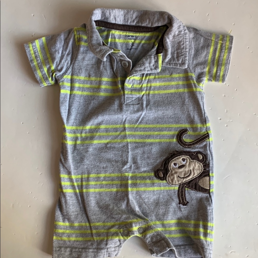 Carter’s Gray &  Yellow Striped Romper with Monkey Patch 3 Months